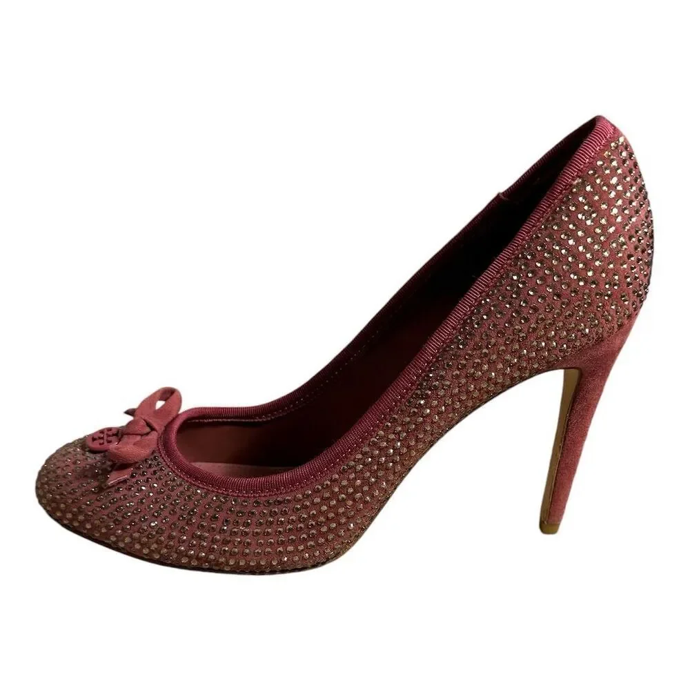 Tory Burch Phoenix Charm Pink Crystal Suede Pumps Size 8.5 Women's Party Heels